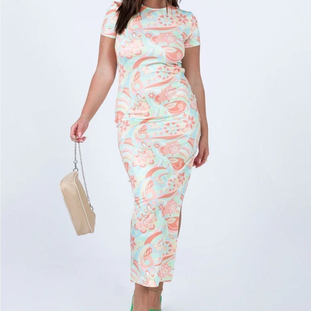 Princess Polly Anna Maxi Dress Pastel Multicolor w/ Slit and side cut out, sz 2